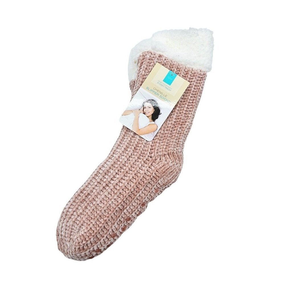 Chenille Comfy Slipper Socks Pink Womens Faux Fur Lined Comfort Grippers Knit